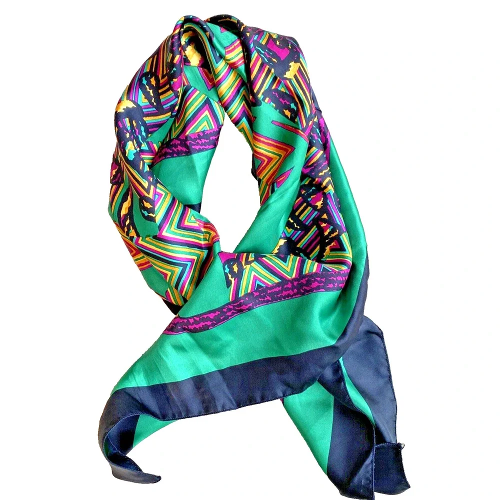 Colorful Silky Scarf Abstract Green Black Purple Yellow Print Large 34” Square